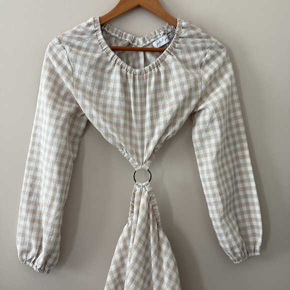 Petal & Pup Beige Cut Out Gingham Dress 100% Cotton Mini Puff Sleeves Size 4 - Picture 4 of 13